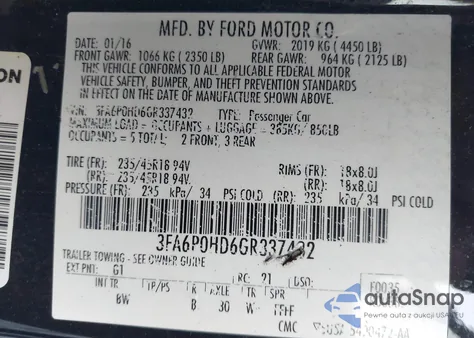 2016 Ford Fusion Se from USA, damaged, VIN 3FA6P0HD6GR337432